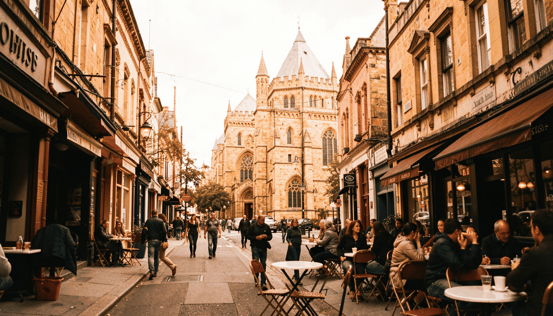 A candid street-level view along Hope Street showing the warm sandstone facade of the Anglican Cathedral in the distance, with pedestrians and cafe tables in the foreground