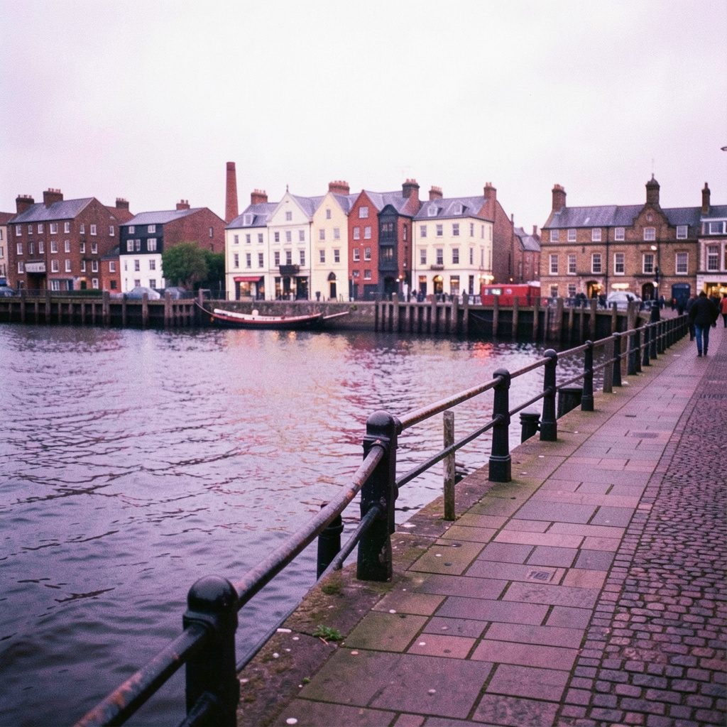 A waterfront walkway along the River Mersey on a soft, overcast morning, with the river and a row of historic dock buildings.