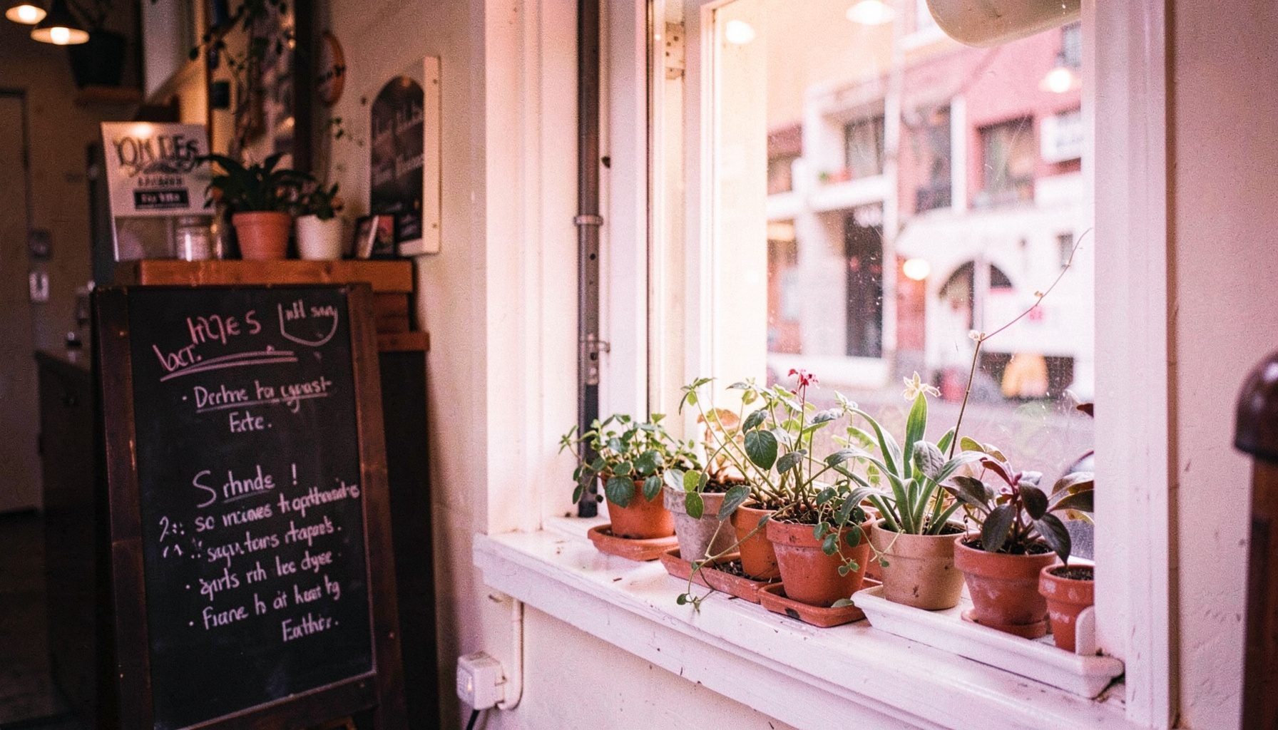 A small neighbourhood cafe with a chalkboard menu and potted plants on the windowsill, glowing in soft cream light — a candid Liverpool street scene.